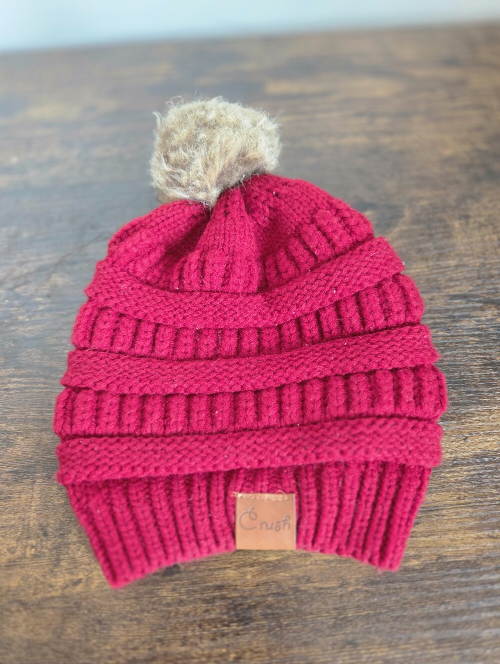 Crush Berry Red Stretchy Knit Beanie Hat Pom Pom Winter Cozy Warm
